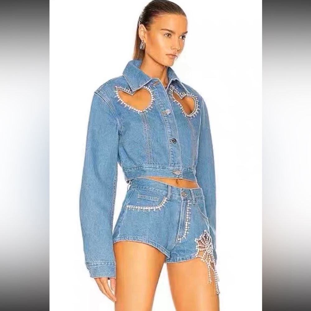 AREA NWT Crystal Heart Denim Jacket Size Large